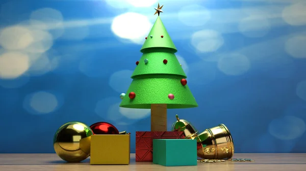 Χριστουγεννιάτικο δέντρο στο τραπέζι ξύλο 3d απόδοση εικόνα για τα Χριστούγεννα ce — Φωτογραφία Αρχείου