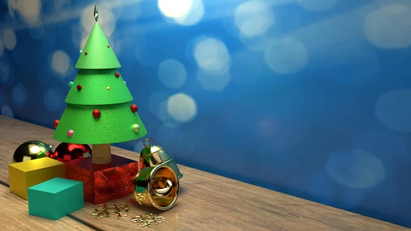 Árbol de Navidad en la mesa de madera 3d imagen de renderizado para Navidad ce —  Fotos de Stock