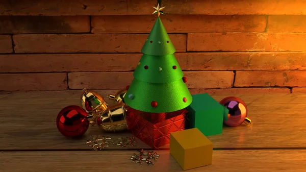 Christmas tree on wood table 3d rendering image for christmas ce — Stock Photo, Image