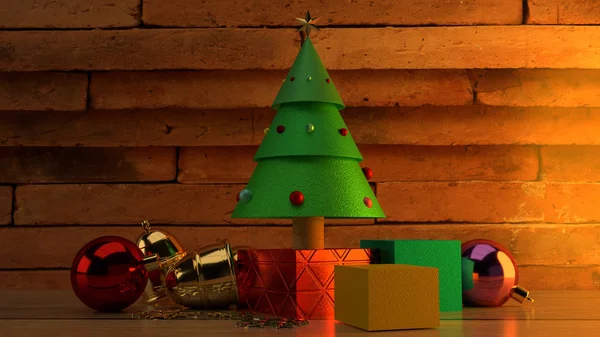 Árbol de Navidad en la mesa de madera 3d imagen de renderizado para Navidad ce —  Fotos de Stock