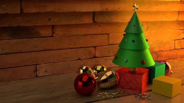 Різдвяна ялинка на дерев'яному столі 3d візуалізація зображення для різдвяної стінки — стокове фото