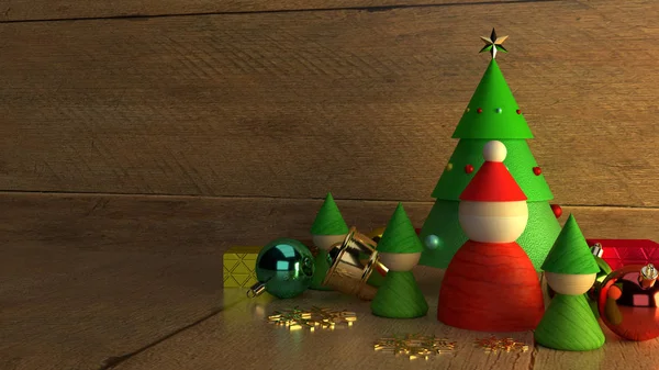 Ahşap arka plandaki Noel ekipmanı dekorasyonları 3D — Stok fotoğraf