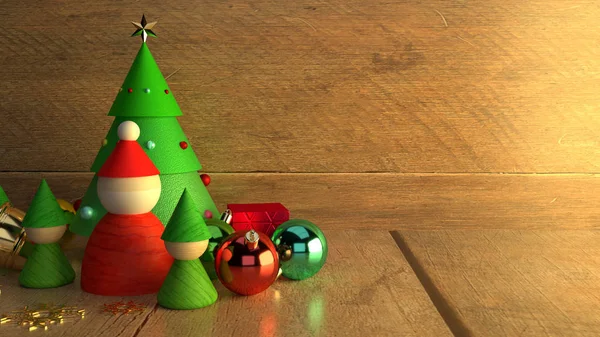 Attrezzature natalizie decorazioni su sfondo di legno rendering 3d — Foto Stock