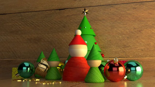 Decoraciones de equipos de Navidad sobre fondo de madera 3d renderizado — Foto de Stock