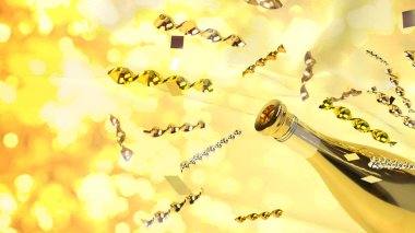  Kutlama konsepti için yapılan 3D altın şampanya..