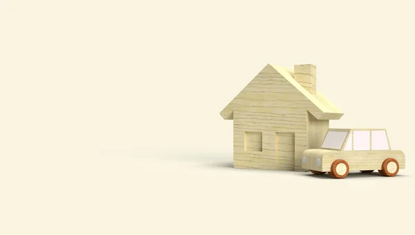 Дерев'яний іграшковий будинок і автомобіль 3d візуалізація для ділового контенту — стокове фото