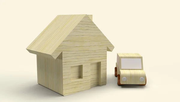 Casa de juguete de madera y representación 3D de automóviles para contenido empresarial —  Fotos de Stock