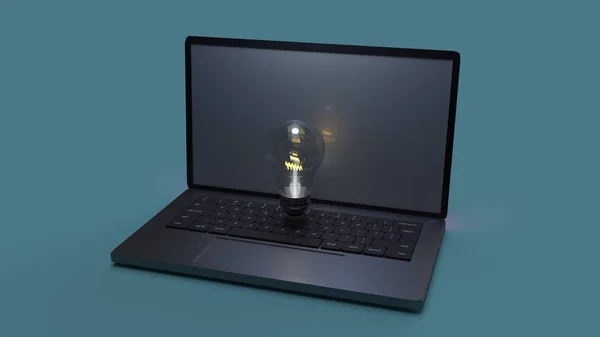 Žárovka v notebooku pro představu obsahu 3D vykreslování. — Stock fotografie