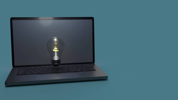 Lâmpada no laptop para renderização 3d conteúdo ideia . — Fotografia de Stock