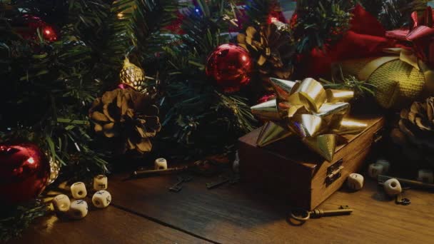 Kerstversiering Houten Tafel Voor Vakantie Inhoud — Stockvideo
