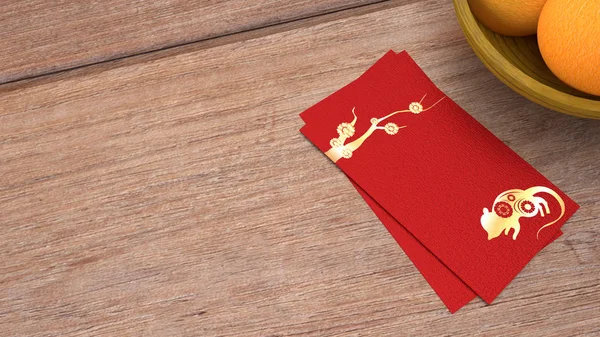 3d rendering rode enveloppe beloning Chinees nieuwjaar 2020 op tafel — Stockfoto