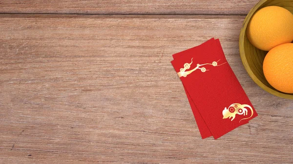 3d rendu enveloppe rouge récompense Nouvel An chinois 2020 sur la table — Photo