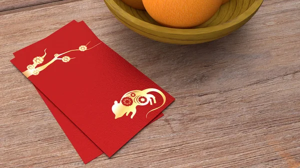 3d rendu enveloppe rouge récompense Nouvel An chinois 2020 sur la table — Photo