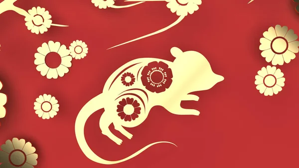 Placa de oro de ratón y flor sobre fondo rojo 3d renderizado para —  Fotos de Stock