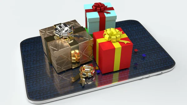 Планшет і подарункова коробка 3d візуалізація для покупок онлайн або святкування — стокове фото