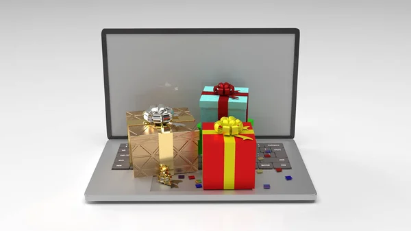 Notebook és ajándékdoboz 3d renderelés online vásárláshoz vagy cele — Stock Fotó