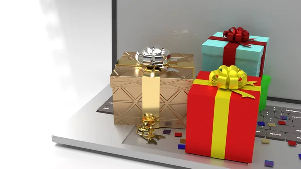 Ноутбук і подарункова коробка 3d візуалізація для покупок в Інтернеті або — стокове фото