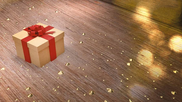 Boîte cadeau allumée. Table en bois rendu 3d pour le contenu de vacances — Photo