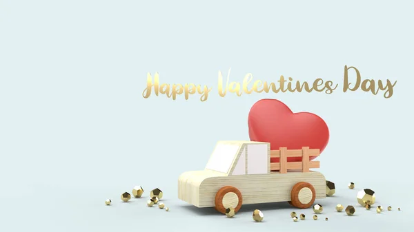木材卡车和红心3D渲染情人节心满意足 — 图库照片