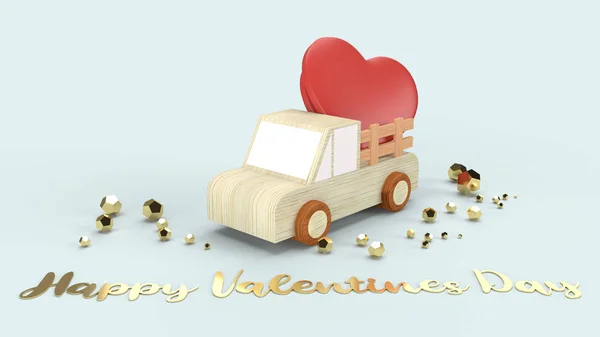 Kamion na dřevo a červená srdce 3D vykreslování pro valentinky obsahu — Stock fotografie
