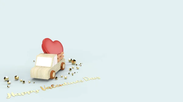 Camión de madera y corazones rojos 3d representación para el contenido de San Valentín —  Fotos de Stock
