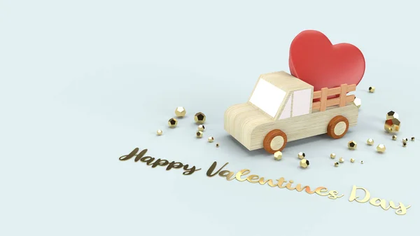 Camión de madera y corazones rojos 3d representación para el contenido de San Valentín — Foto de Stock