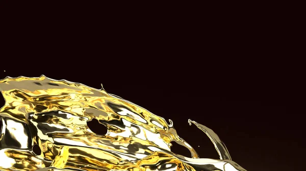Zlatá kapalina na černém 3D vykreslování pro abstraktní pozadí. — Stock fotografie