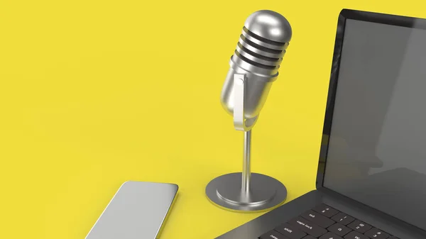 Sarı zemin üzerinde klasik mikrofon defteri ve akıllı telefon 3D ren — Stok fotoğraf