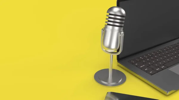 Винтажный микрофон ноутбук и смартфон на желтом фоне 3d ren — стоковое фото