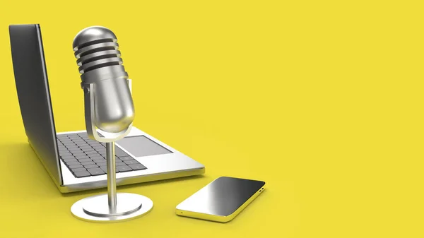 Sarı zemin üzerinde klasik mikrofon defteri ve akıllı telefon 3D ren — Stok fotoğraf