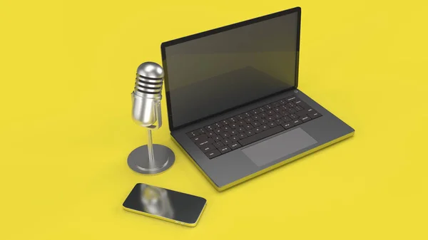 Vintage mic  notebook and smartphone on yellow background 3d ren — 스톡 사진