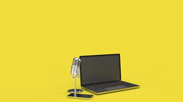 Portátil de micrófono vintage y teléfono inteligente en fondo amarillo 3d ren — Foto de Stock