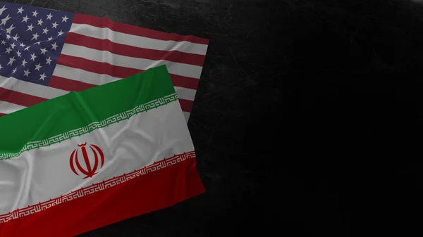 Usa і Іран прапори на брудний металевий пластина 3d рендеринг для переговорів — стокове фото