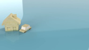 Su içinde ev ve araba ahşap oyuncağı Sel katmanı için 3D hazırlanıyor