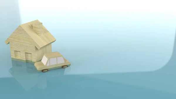 El juguete de madera del hogar y del coche en el agua 3d representación para el conten de la inundación — Foto de Stock