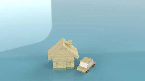 La casa e l'auto giocattolo di legno in acqua rendering 3d per il contenuto di inondazione — Foto Stock