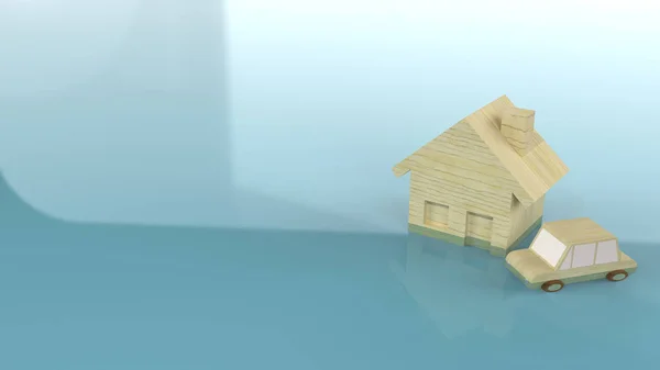 El juguete de madera del hogar y del coche en el agua 3d representación para el conten de la inundación — Foto de Stock