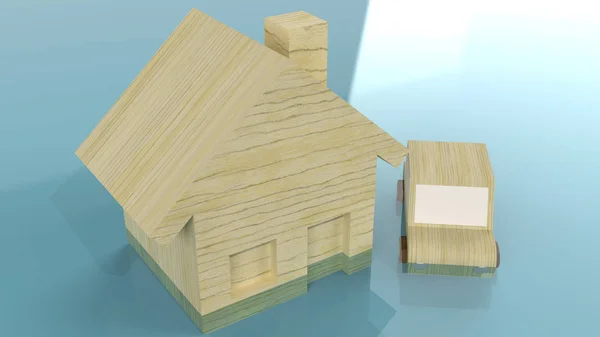 El juguete de madera del hogar y del coche en el agua 3d representación para el conten de la inundación —  Fotos de Stock
