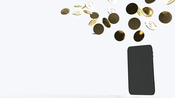 Mobilne i złote monety 3d renderowania dla treści biznesowych. — Zdjęcie stockowe