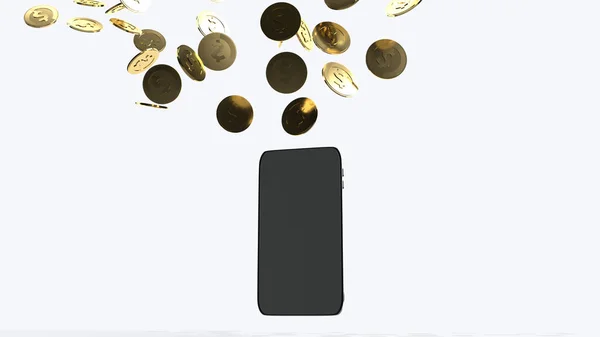 Das 3D-Rendering von Mobiltelefonen und Goldmünzen für geschäftliche Inhalte. — Stockfoto