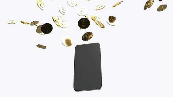 El móvil y monedas de oro 3d representación de contenido de negocios . —  Fotos de Stock