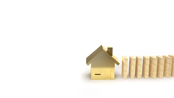 Деревянный домино и золотой дом 3D рендеринг абстрактное изображение для р — стоковое фото