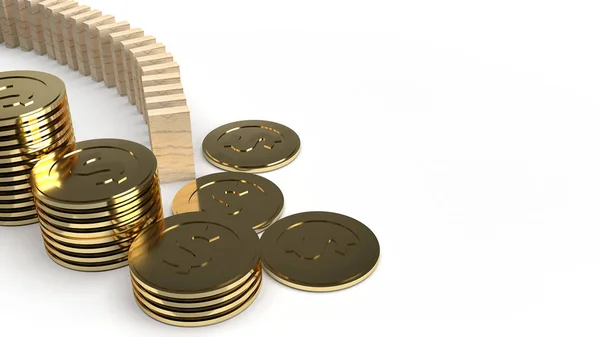Ξύλινο ντόμινο και χρυσό νόμισμα 3d απόδοση αφηρημένη εικόνα για busine — Φωτογραφία Αρχείου