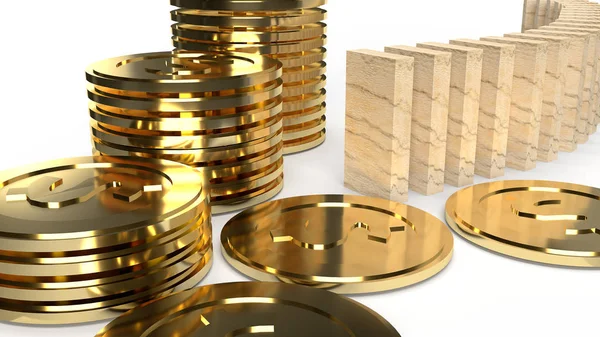 Dřevo domino a zlaté mince 3D vykreslování abstraktní obraz pro busine — Stock fotografie