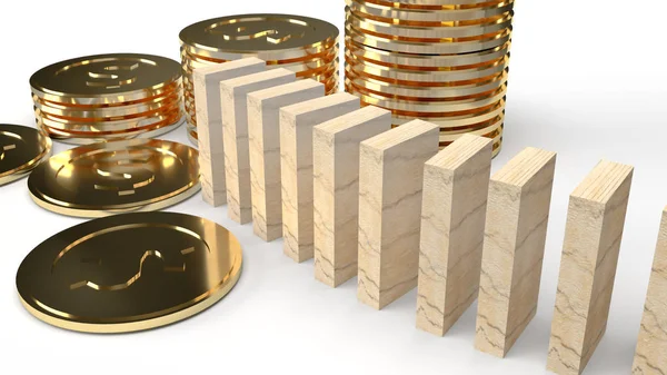 Hout domino en gouden munt 3d weergave abstracte afbeelding voor busine — Stockfoto