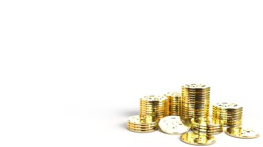 Altın madeni paralar grubu 3D işletim sistemi için beyaz arkaplan