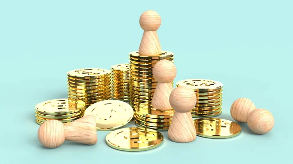 The wooden human figure gold coin 3d rendering on blue backgroun — Stock Photo, Image