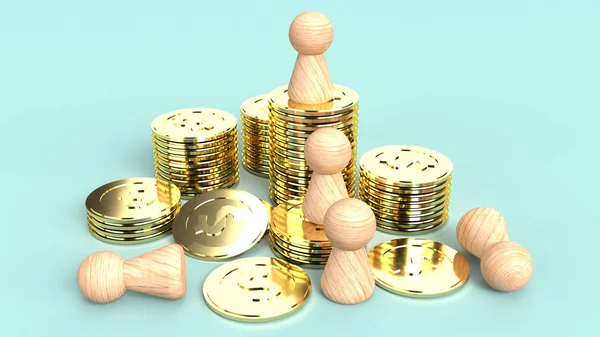 La figura umana in legno moneta d'oro 3d rendering su backgroun blu — Foto Stock