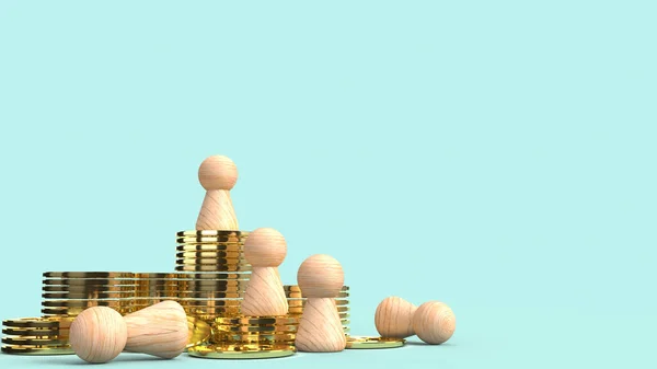 De houten menselijke figuur gouden munt 3d rendering op blauwe backgroun — Stockfoto
