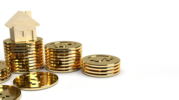 Домашние деревянные золотые монеты группы 3d рендеринг на белом backgrou — стоковое фото